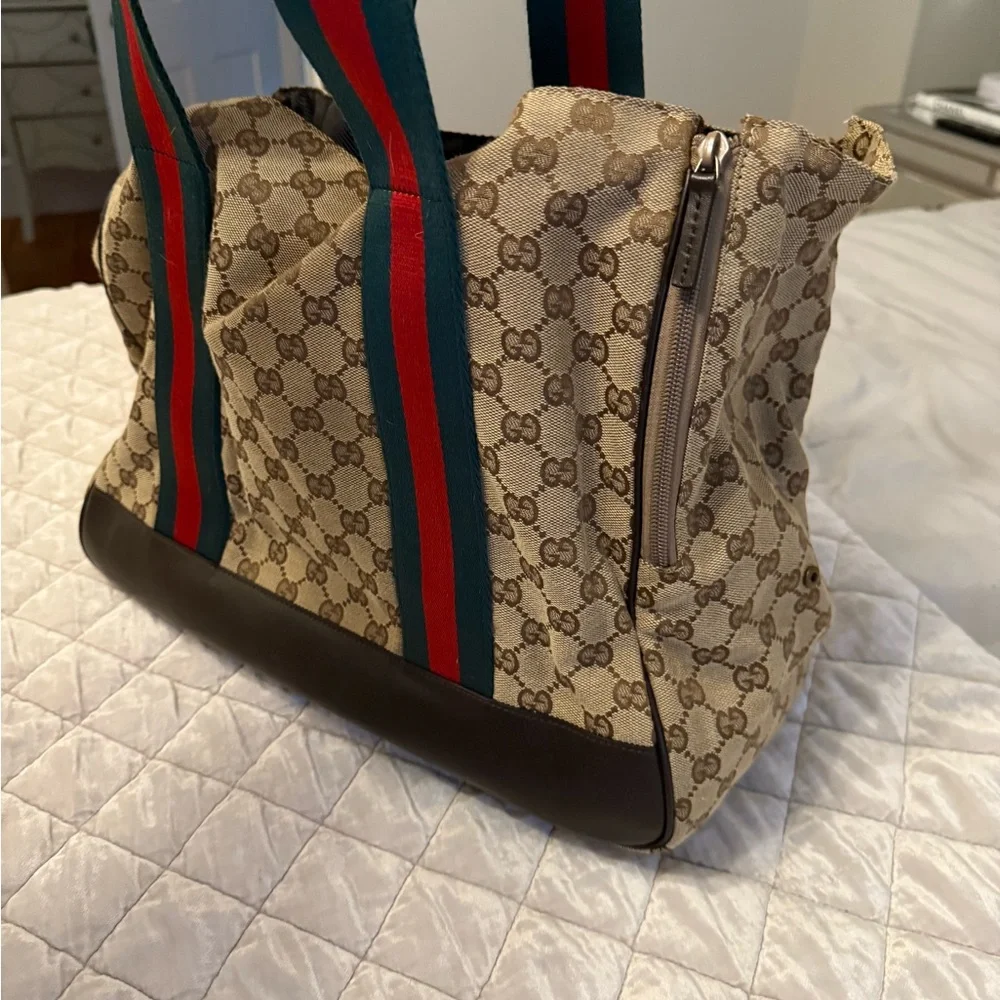 Gucci Monogram Beige Dog Carrier with Red and Green Straps